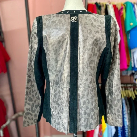 Sharif 1827 Couture Suede Black and Metallic Leopard Print Zip Up Jacket - Picture 2 of 6